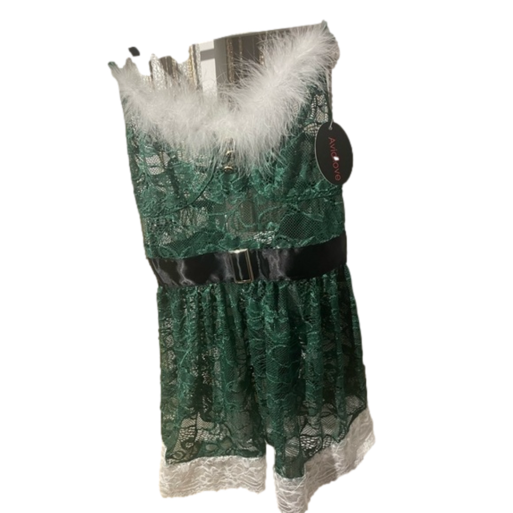 Avidlove XS Lingerie Top, Green and Black with White Fur